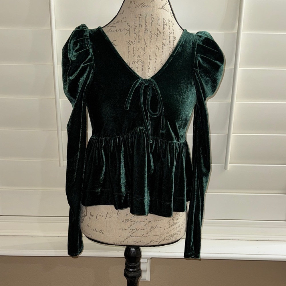 Maeve Velvet Babydoll Top Dark Green